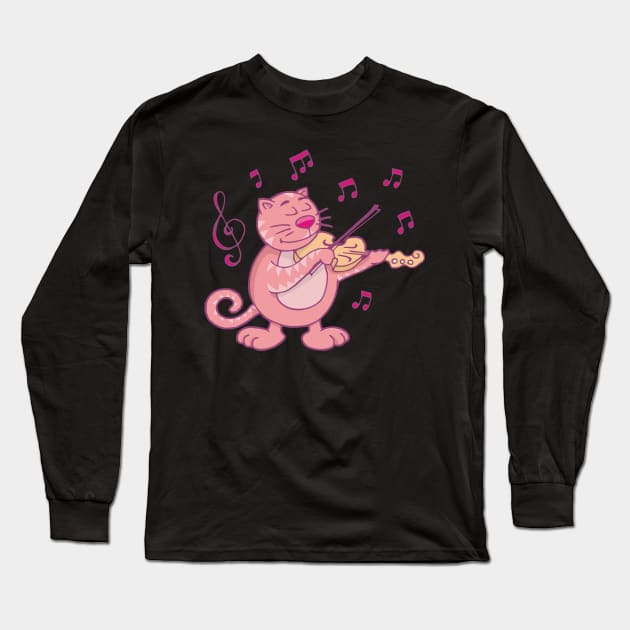 Pink Cat with Violin Long Sleeve T-Shirt by sifis